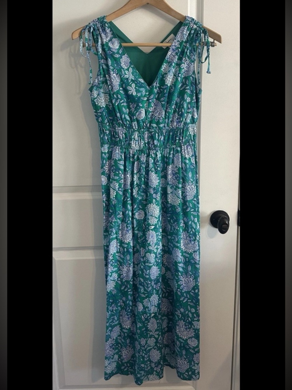 Japna Teal Green Floral V-Neck Maxi Dress with Tie Shoulders